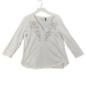 Anthropologie White Embroidered Long Sleeve Henley Top